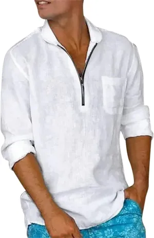 Mens Summer Linen Cotton Shirts Long Sleeve Quarter-Zip Casual Hawaiian Beach Yoga T Shirts Loose Fit Golf Polos T-Shirts