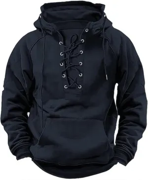 Mens Tactical Sweatshirts Lace Up Aztec Hooded Pullover Long Sleeve Cargo Workout Outdoor Hoodies with Pocket S-3XL