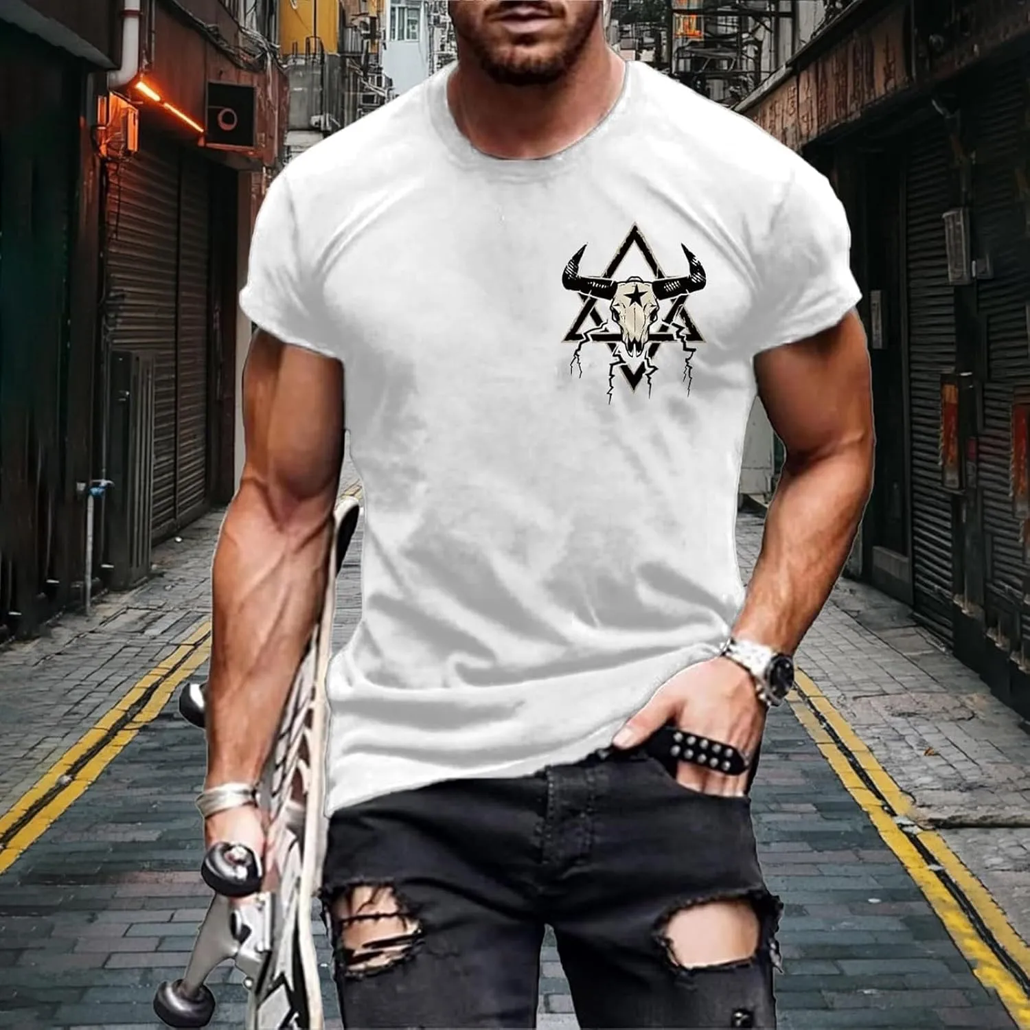Mens Western Aztec T Shirts Vintage Bull Skull Head Pattern Short Sleeve Shirts Cowboy Style Summer Crewneck Tops