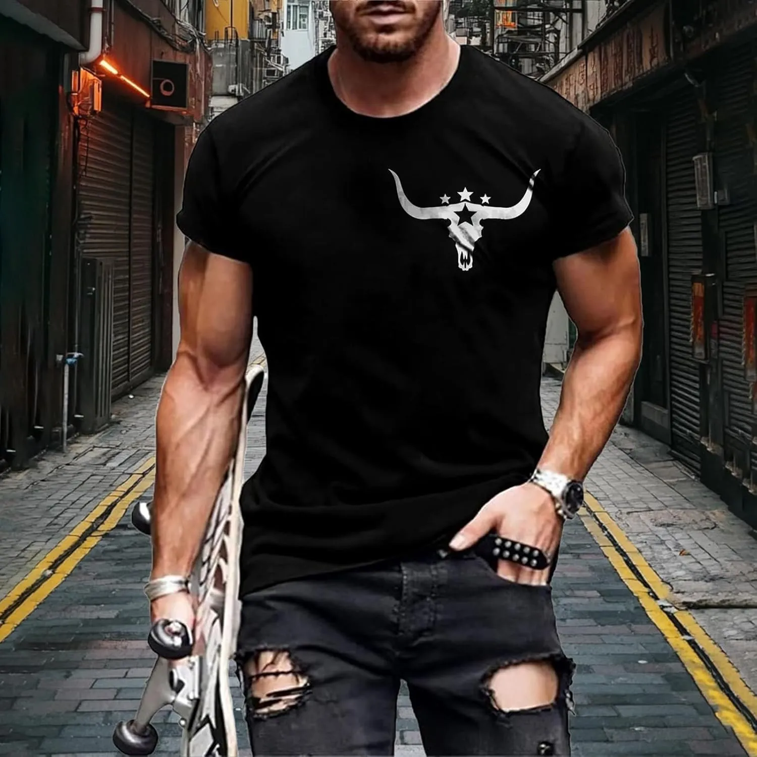 Mens Western Aztec T Shirts Vintage Bull Skull Head Pattern Short Sleeve Shirts Cowboy Style Summer Crewneck Tops