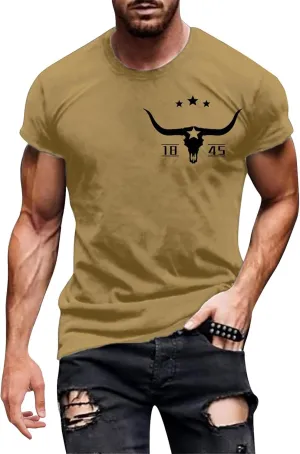 Mens Western Aztec T Shirts Vintage Bull Skull Head Pattern Short Sleeve Shirts Cowboy Style Summer Crewneck Tops