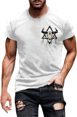 Mens Western Aztec T Shirts Vintage Bull Skull Head Pattern Short Sleeve Shirts Cowboy Style Summer Crewneck Tops