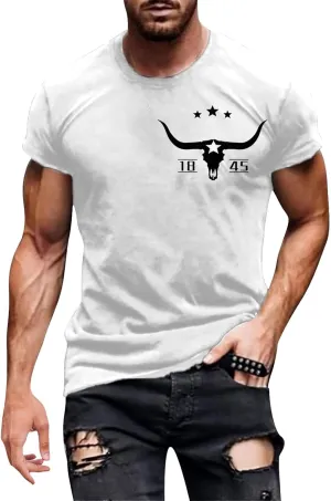 Mens Western Aztec T Shirts Vintage Bull Skull Head Pattern Short Sleeve Shirts Cowboy Style Summer Crewneck Tops