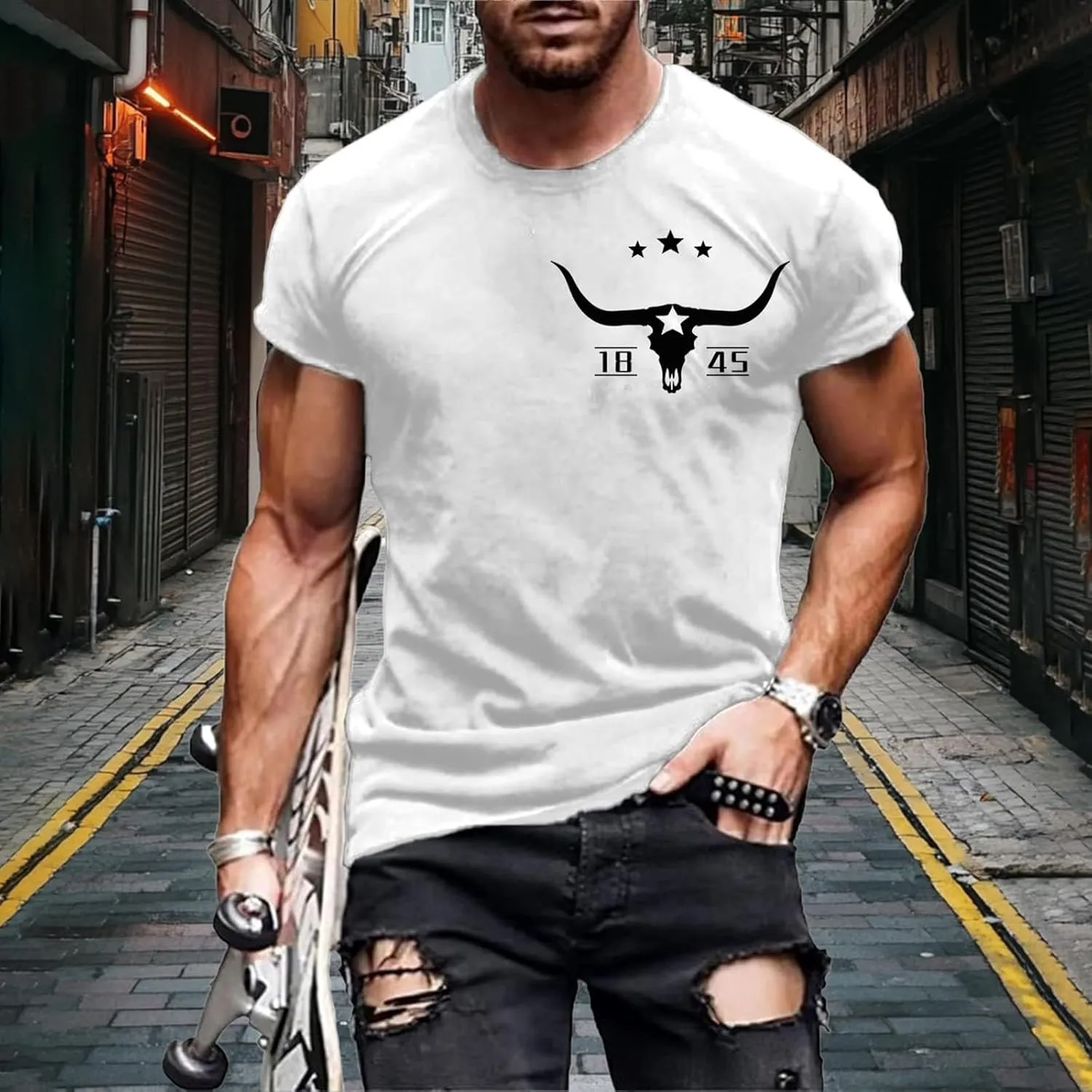 Mens Western Aztec T Shirts Vintage Bull Skull Head Pattern Short Sleeve Shirts Cowboy Style Summer Crewneck Tops
