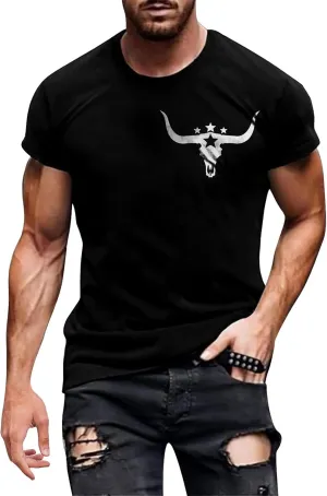 Mens Western Aztec T Shirts Vintage Bull Skull Head Pattern Short Sleeve Shirts Cowboy Style Summer Crewneck Tops