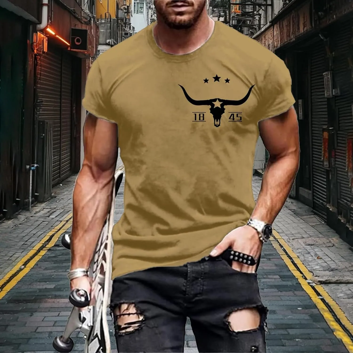 Mens Western Aztec T Shirts Vintage Bull Skull Head Pattern Short Sleeve Shirts Cowboy Style Summer Crewneck Tops