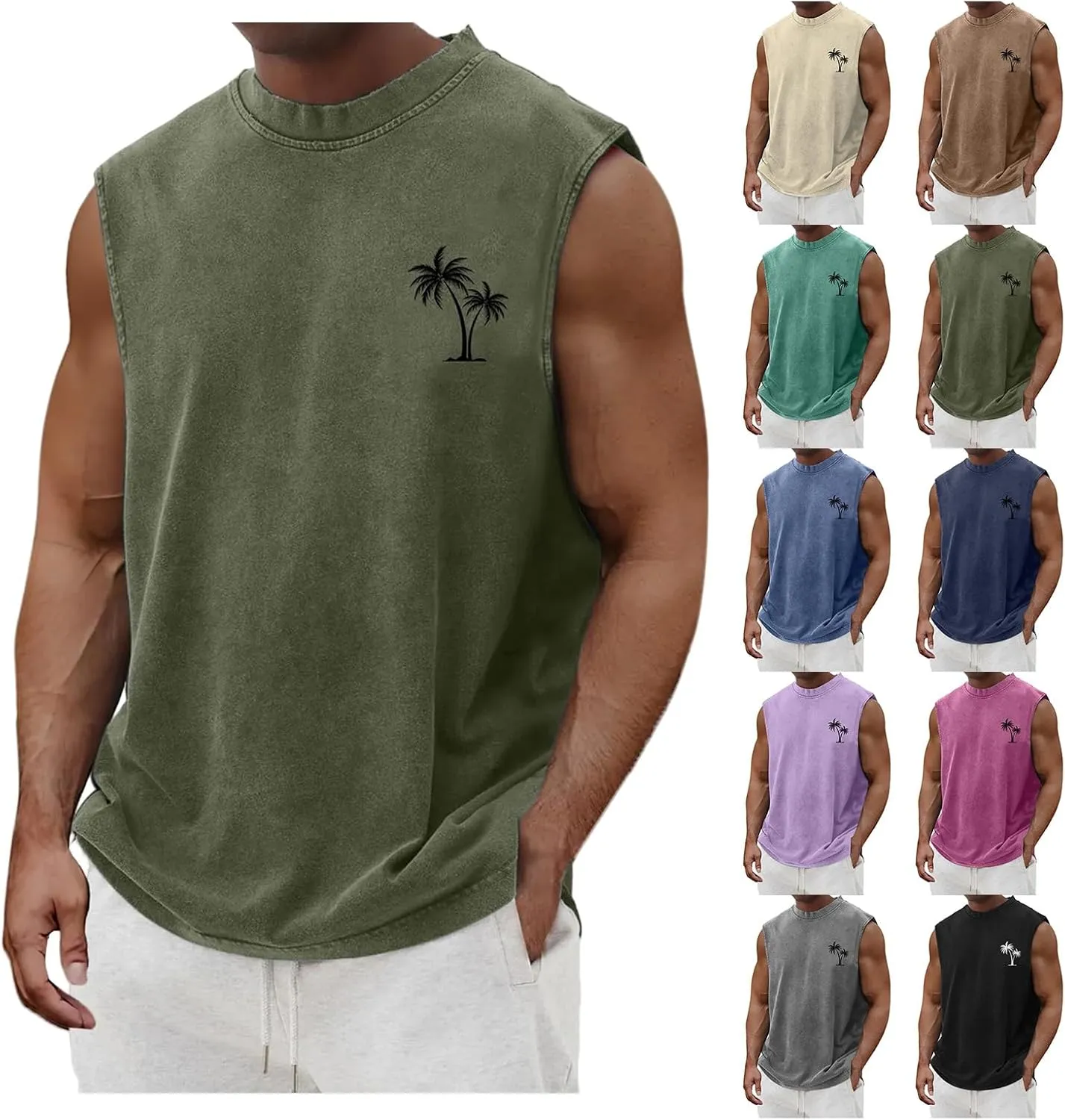 Mens Workout Tank Tops Summer Palm Tree Graphic T-Shirts Sleeveless Pullover Vintage Tops Relaxed Fit Muscle Shirts