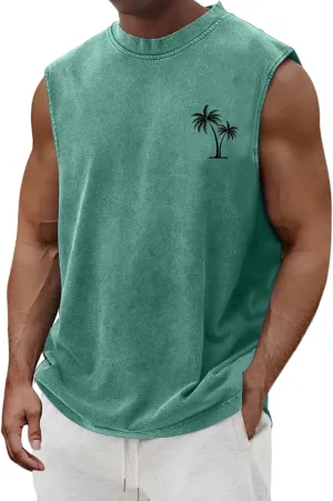Mens Workout Tank Tops Summer Palm Tree Graphic T-Shirts Sleeveless Pullover Vintage Tops Relaxed Fit Muscle Shirts