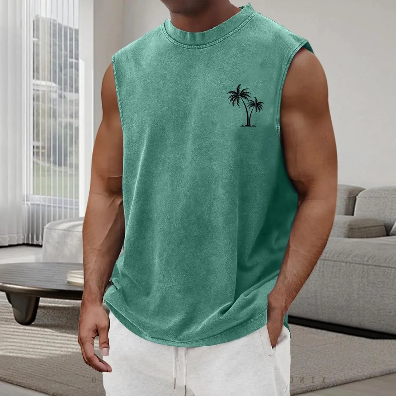 Mens Workout Tank Tops Summer Palm Tree Graphic T-Shirts Sleeveless Pullover Vintage Tops Relaxed Fit Muscle Shirts