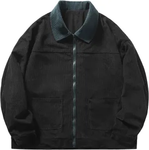 Mens Zip Up Western Corduroy Jackets Lightweight Collar Bomber Jacket Retro Distressed Long Sleeve Textured Shackets