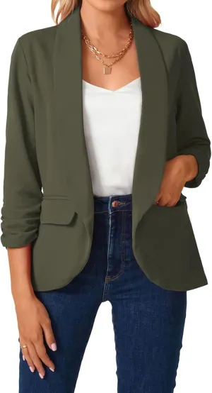 MINTLIMIT Womens Blazer 3/4 Ruched Sleeve Shawl Collar Business Work Blazers Open Front Casual Jackets with Pockets