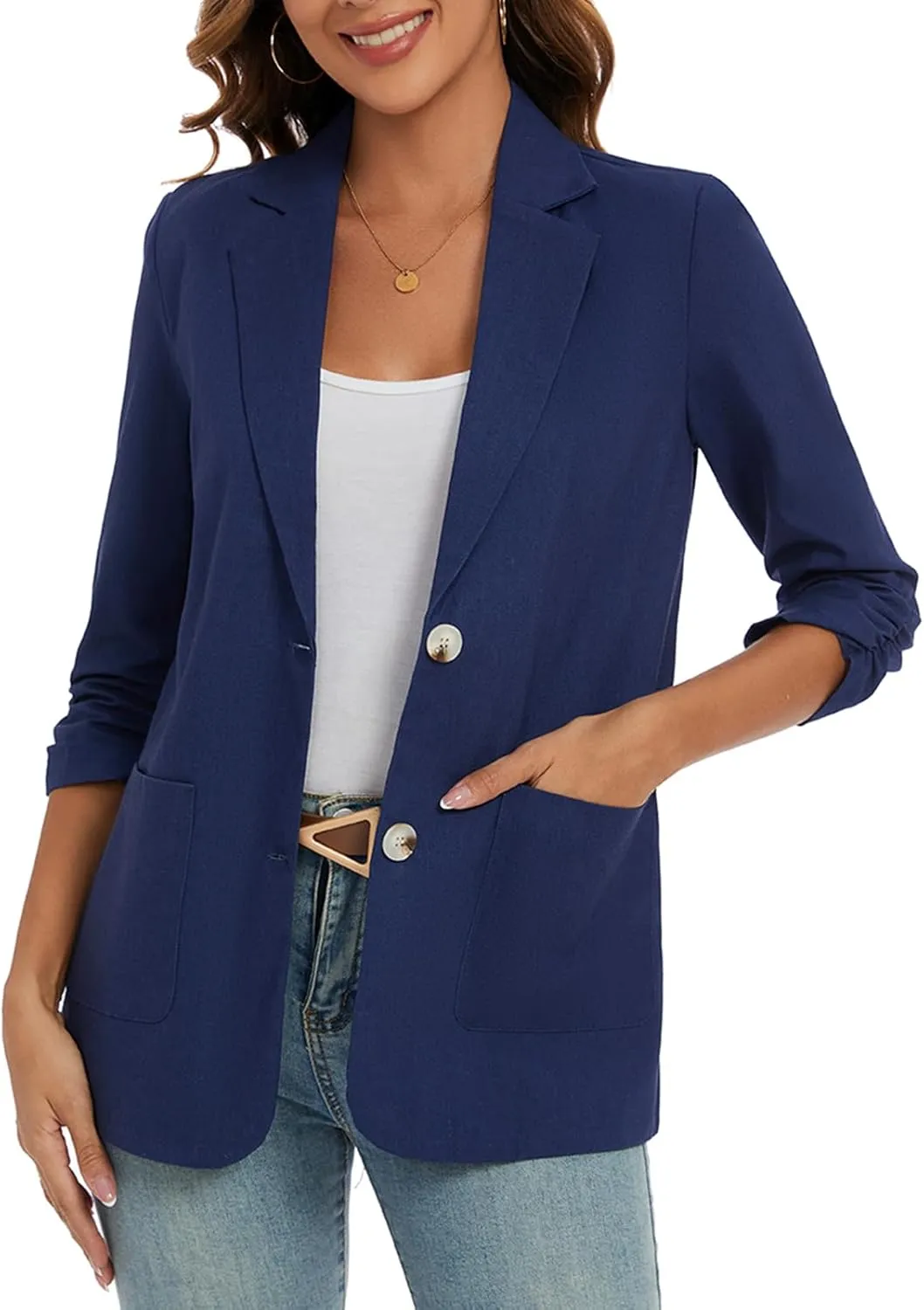 MINTLIMIT Women's Cotton Linen Blazer Jackets Ruched 3/4 Sleeve Summer Casual Lightweight Button Lapel Blazers with Pockets