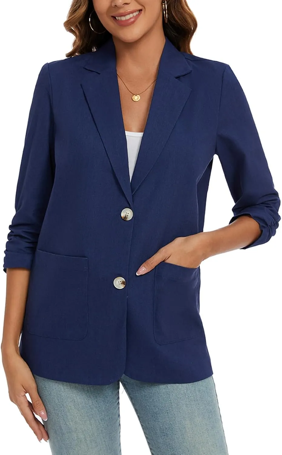 MINTLIMIT Women's Cotton Linen Blazer Jackets Ruched 3/4 Sleeve Summer Casual Lightweight Button Lapel Blazers with Pockets