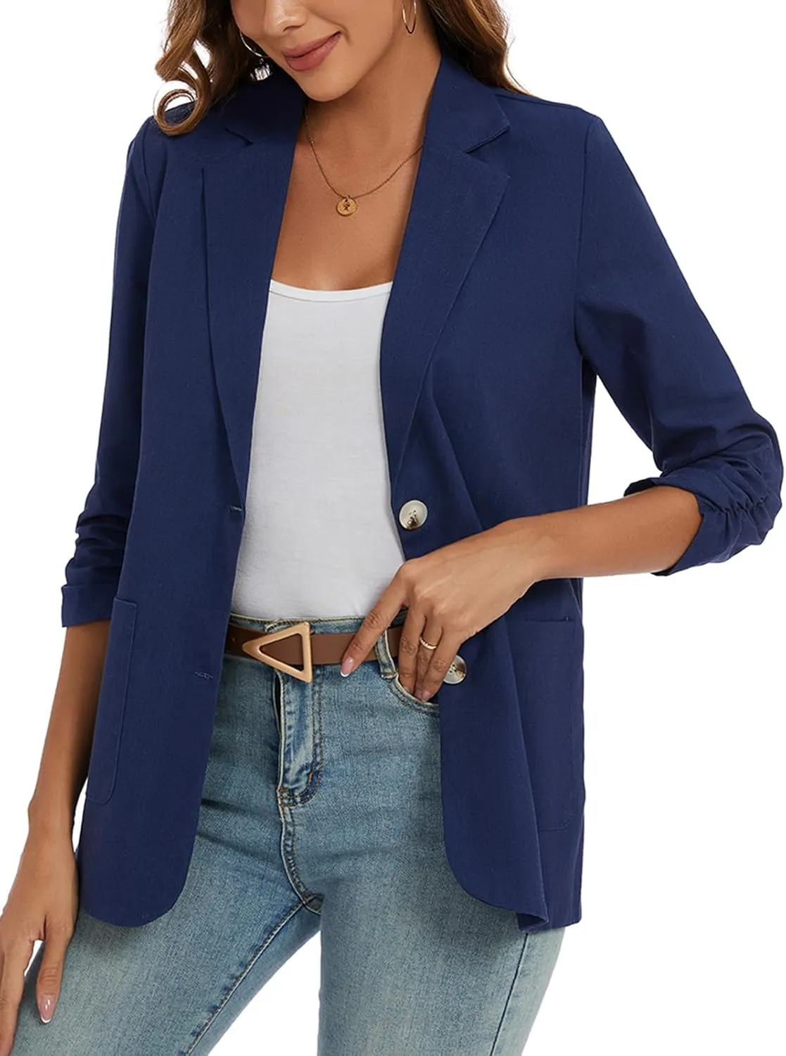 MINTLIMIT Women's Cotton Linen Blazer Jackets Ruched 3/4 Sleeve Summer Casual Lightweight Button Lapel Blazers with Pockets