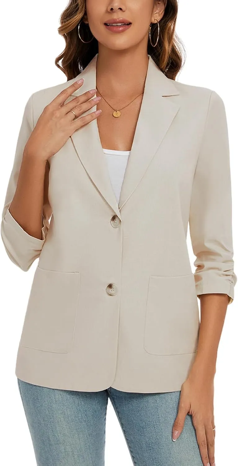 MINTLIMIT Women's Cotton Linen Blazer Jackets Ruched 3/4 Sleeve Summer Casual Lightweight Button Lapel Blazers with Pockets