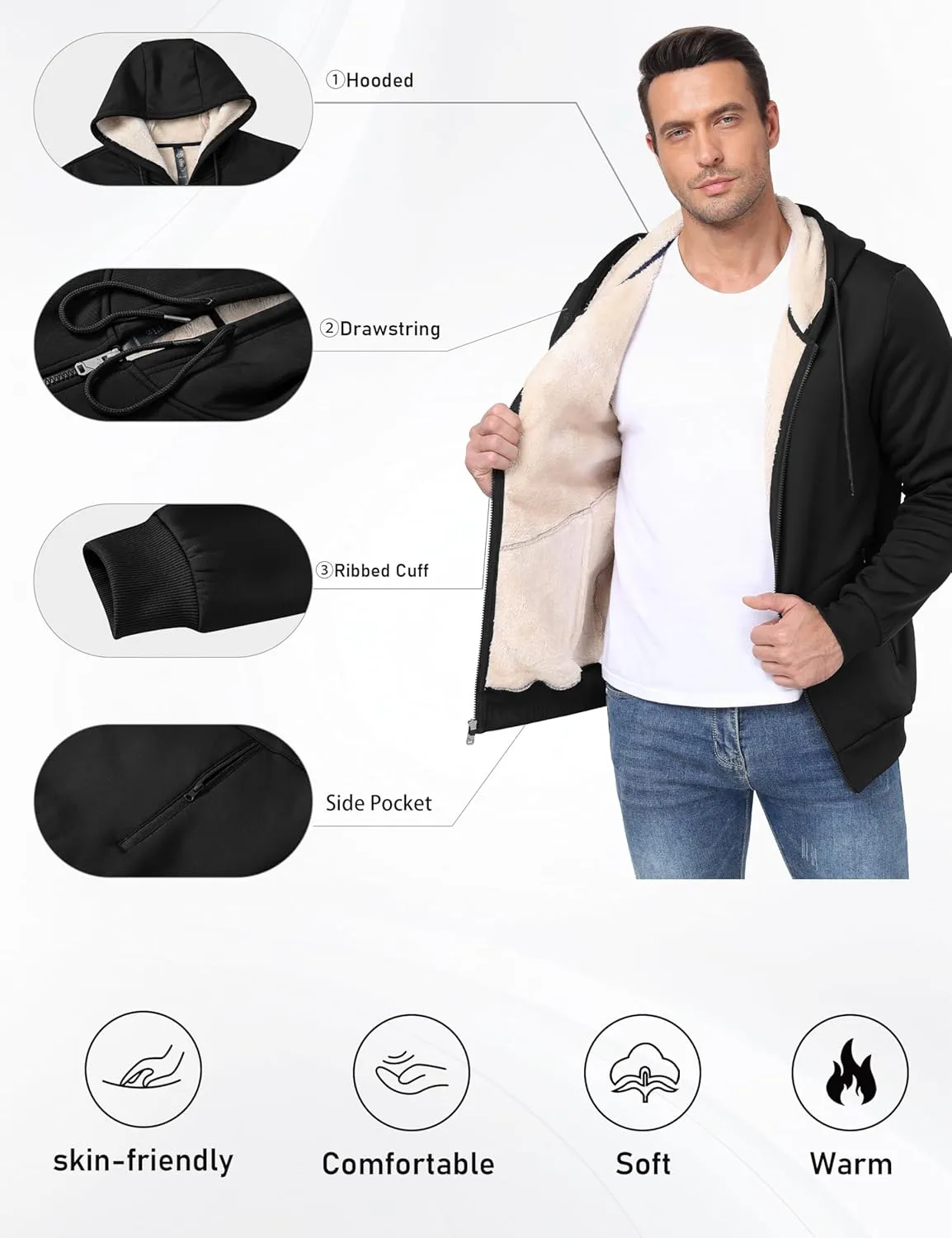 MoFiz Men's Fleece Sherpa Lined Hoodies Heavyweight Full Zip Hoodies for Men