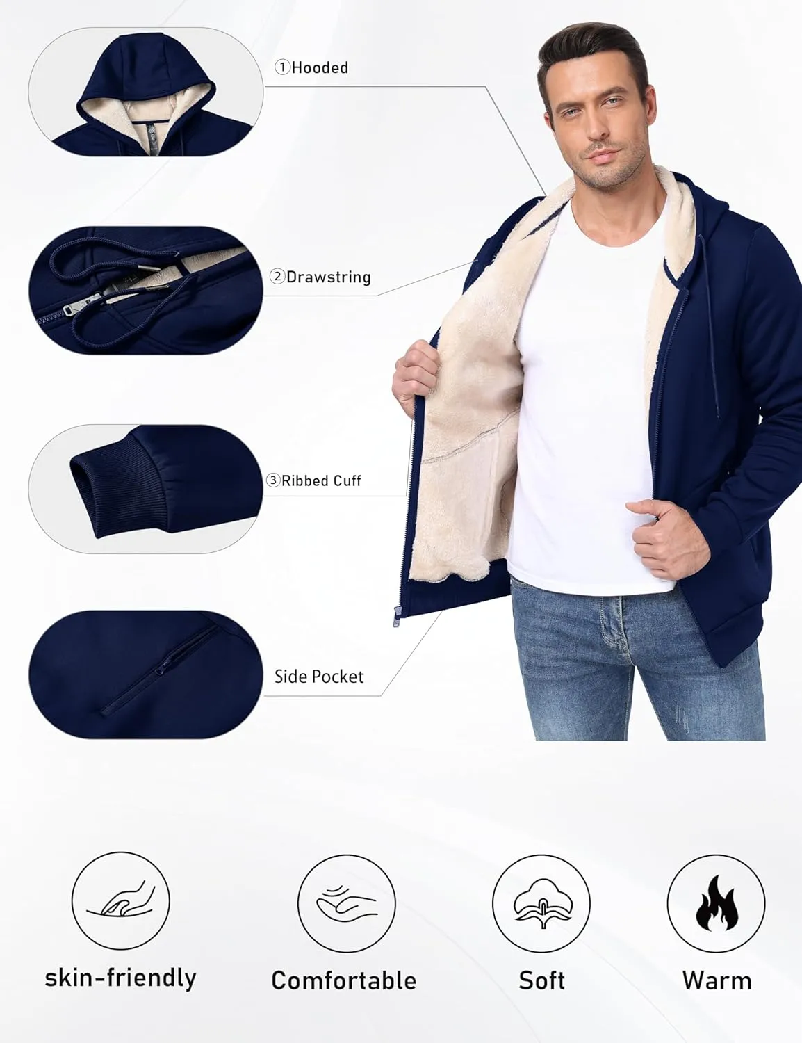 MoFiz Men's Fleece Sherpa Lined Hoodies Heavyweight Full Zip Hoodies for Men