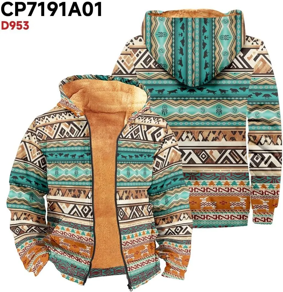 Outerwear for Men Western Aztec Ethnic Graphic Coat Sherpa Lined Thick Warm Winter Coats