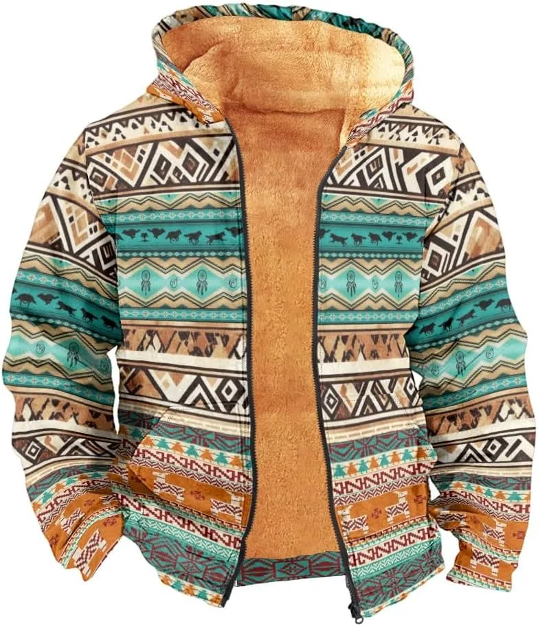 Outerwear for Men Western Aztec Ethnic Graphic Coat Sherpa Lined Thick Warm Winter Coats