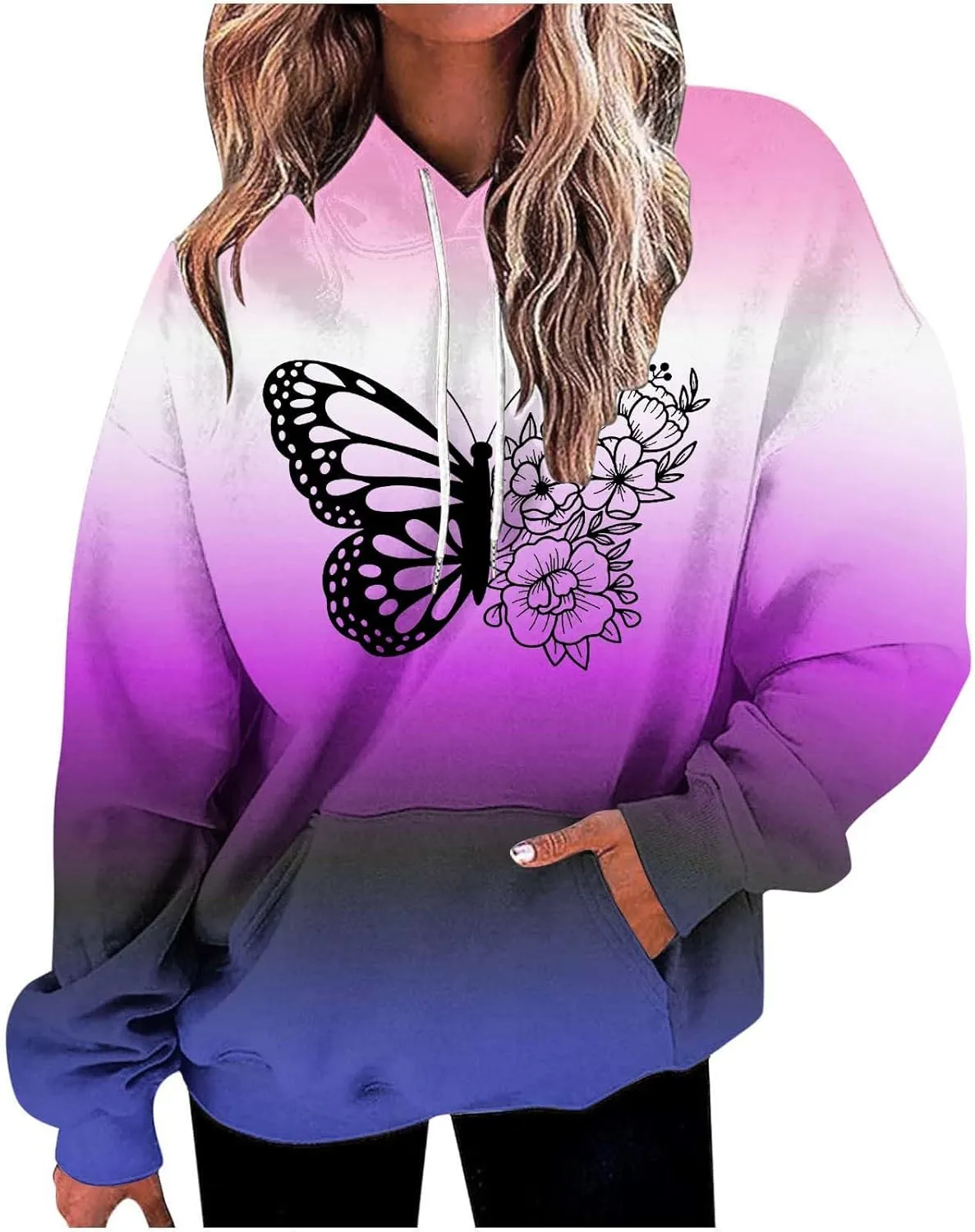 Oversized Hoodies for Women Trendy Butterfly Floral Hooded Sweatshirts Baggy Tie Dye Hippie Fall Y2K Outwear Tops