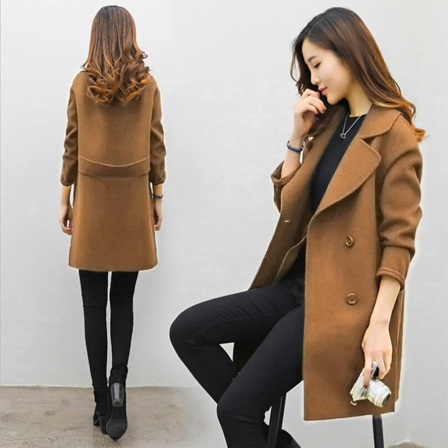Pea Coats for Women Double Breasted Mid Length Wool Coat Open Front Lapel Overcoat Long Winter Jackets with Pockets