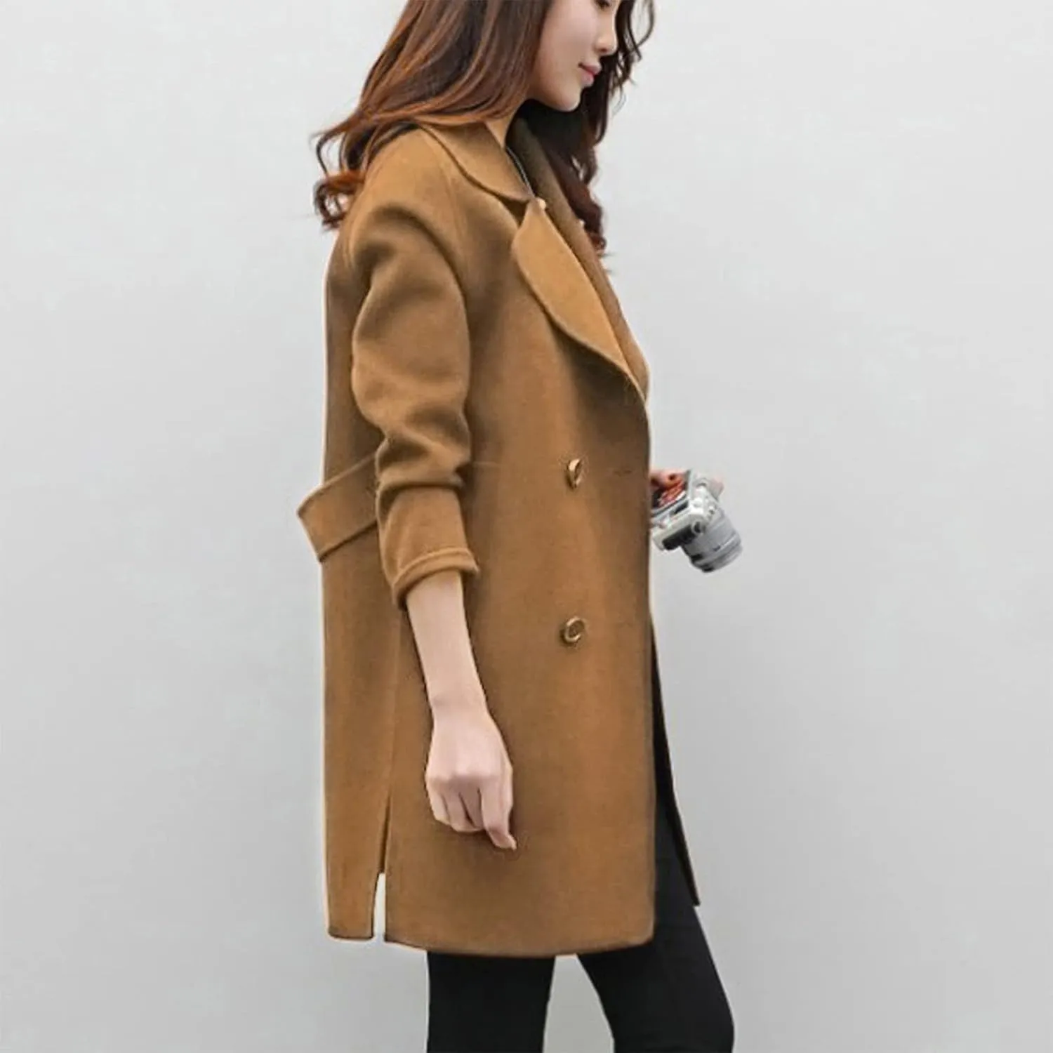Pea Coats for Women Double Breasted Mid Length Wool Coat Open Front Lapel Overcoat Long Winter Jackets with Pockets
