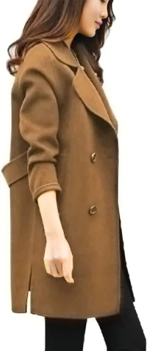 Pea Coats for Women Double Breasted Mid Length Wool Coat Open Front Lapel Overcoat Long Winter Jackets with Pockets