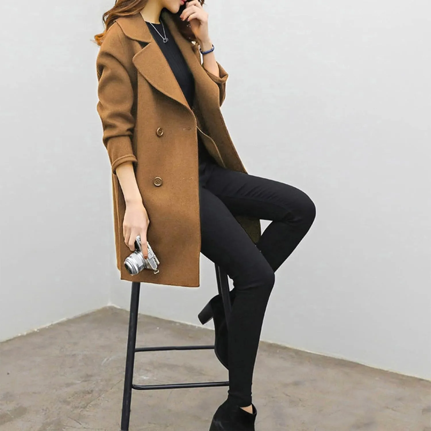 Pea Coats for Women Double Breasted Mid Length Wool Coat Open Front Lapel Overcoat Long Winter Jackets with Pockets