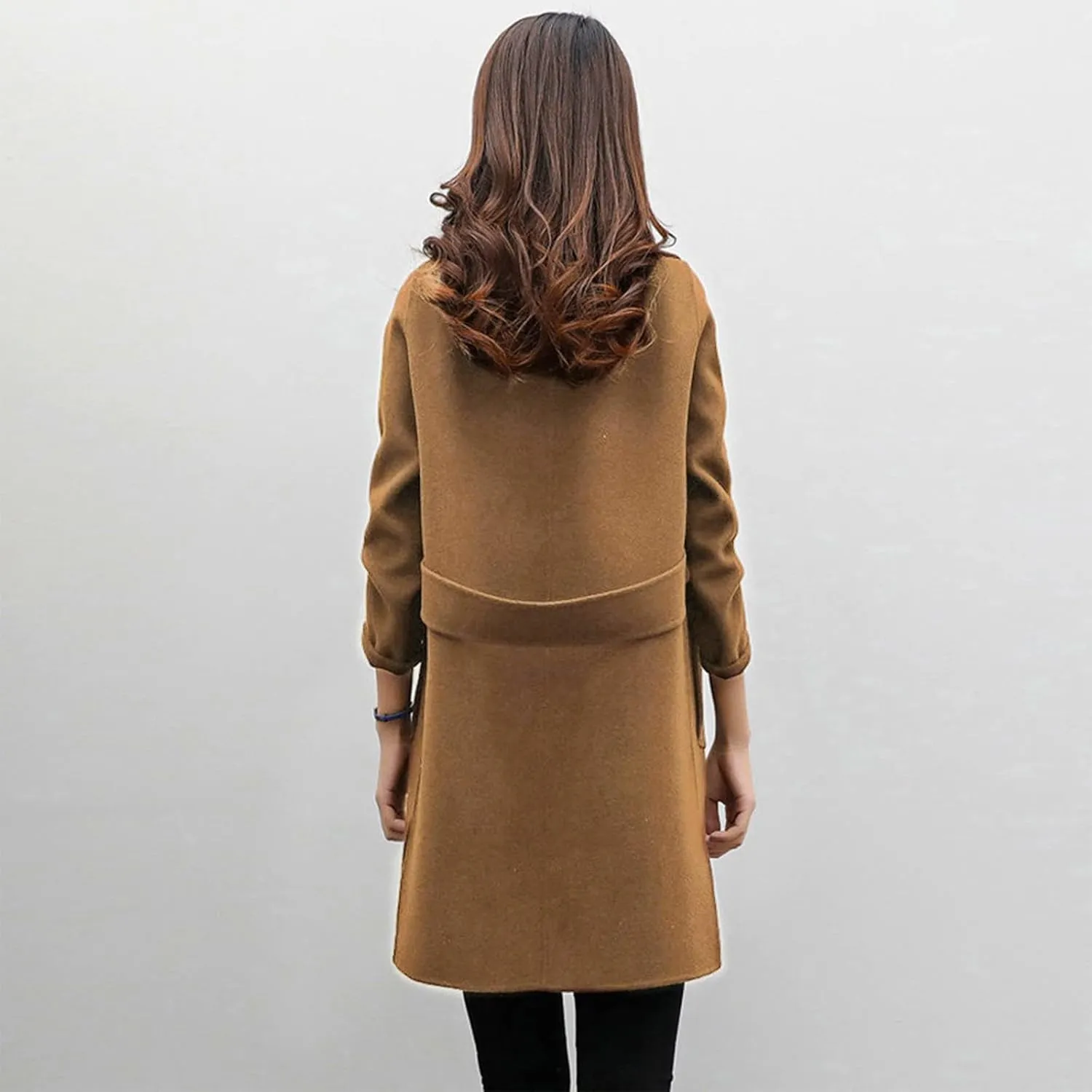 Pea Coats for Women Double Breasted Mid Length Wool Coat Open Front Lapel Overcoat Long Winter Jackets with Pockets