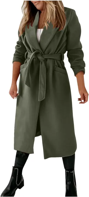 Pea Coats for Women Trendy Notch Lapel Open Front Overcoat Plus Size Long Wool Coats 2024 Winter Jackets with Belt