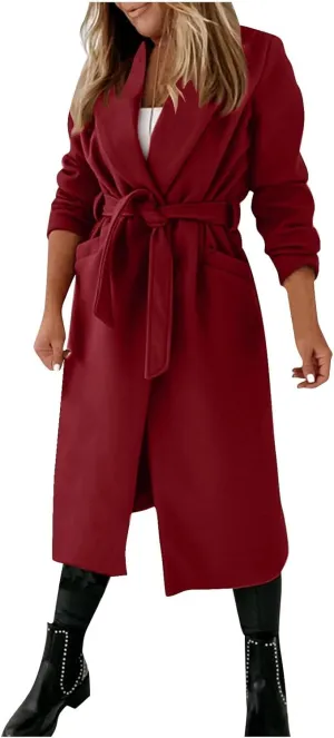 Pea Coats for Women Trendy Notch Lapel Open Front Overcoat Plus Size Long Wool Coats 2024 Winter Jackets with Belt