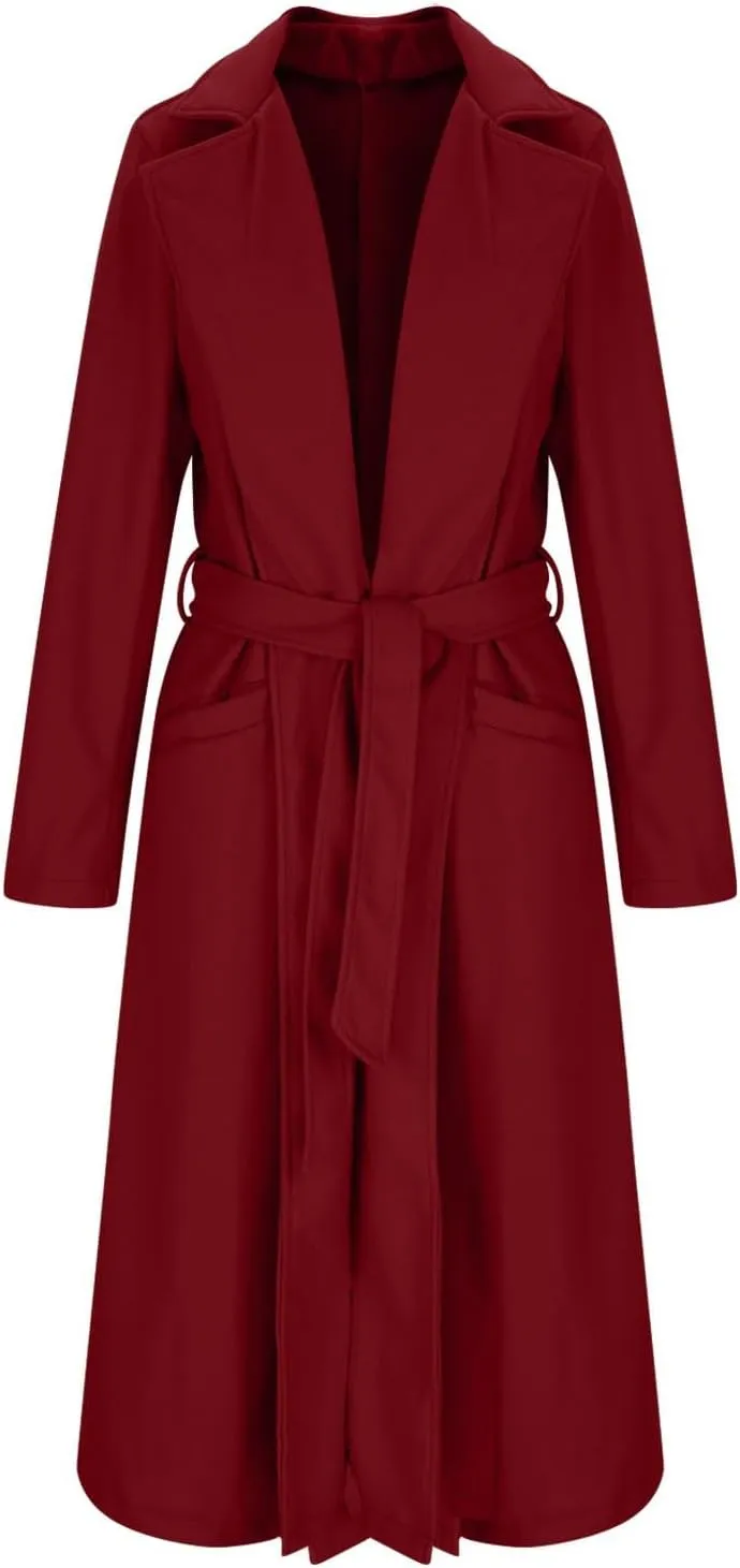 Pea Coats for Women Trendy Notch Lapel Open Front Overcoat Plus Size Long Wool Coats 2024 Winter Jackets with Belt