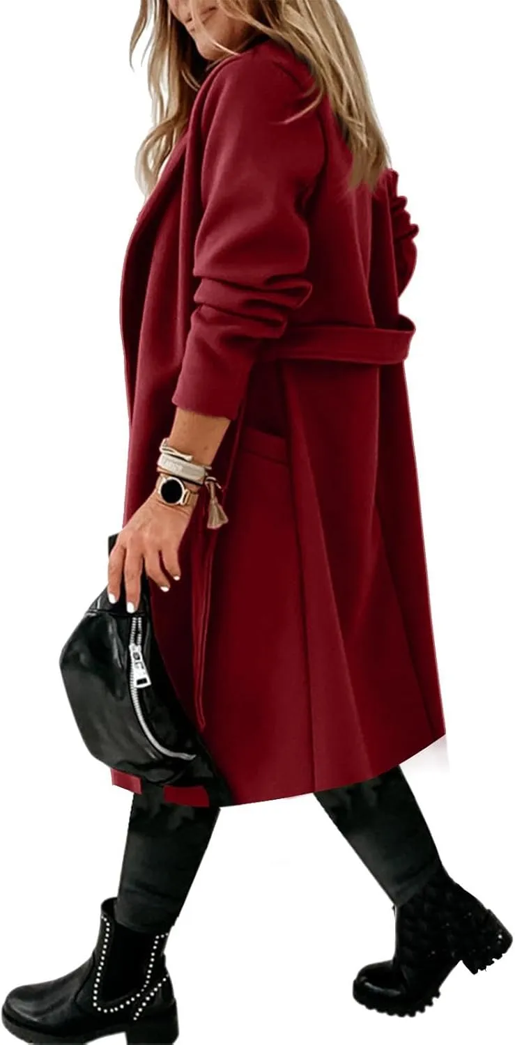 Pea Coats for Women Trendy Notch Lapel Open Front Overcoat Plus Size Long Wool Coats 2024 Winter Jackets with Belt