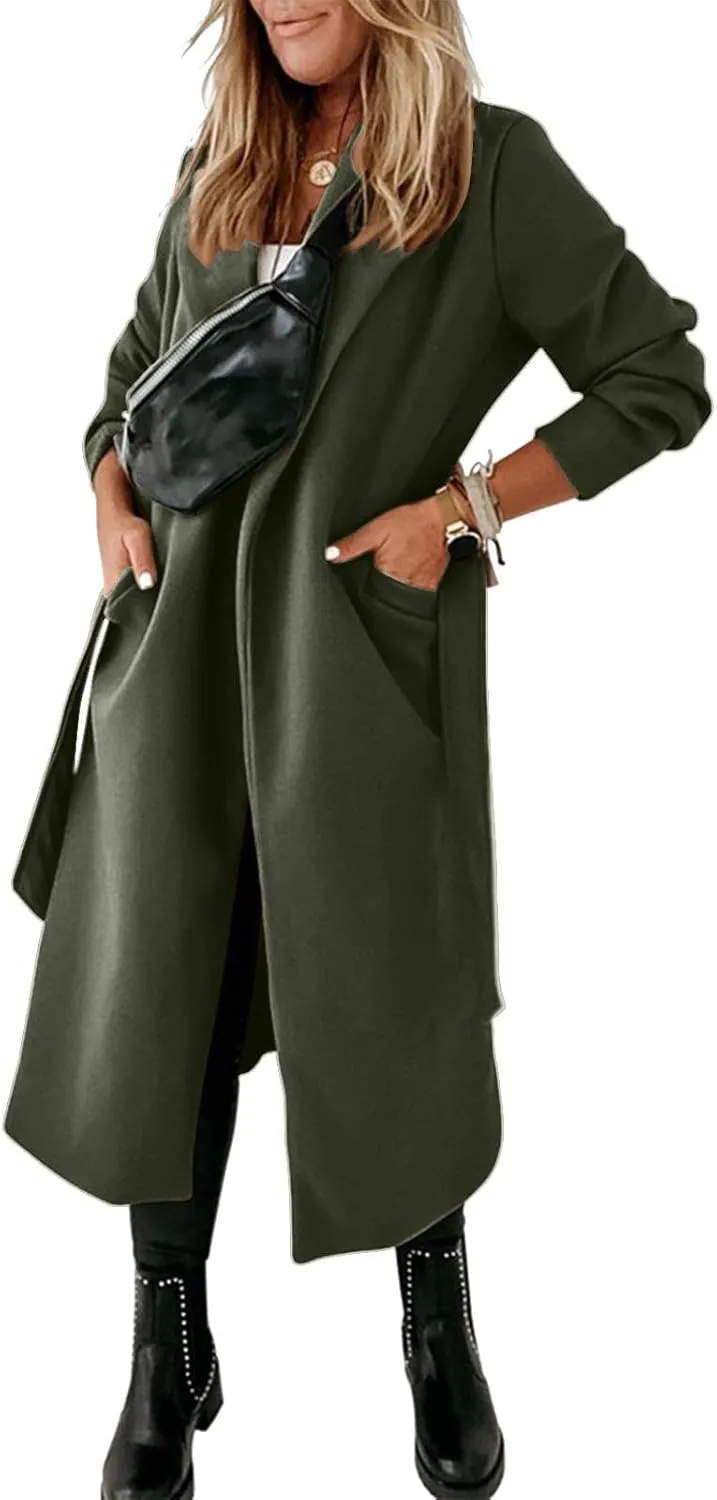 Pea Coats for Women Trendy Notch Lapel Open Front Overcoat Plus Size Long Wool Coats 2024 Winter Jackets with Belt