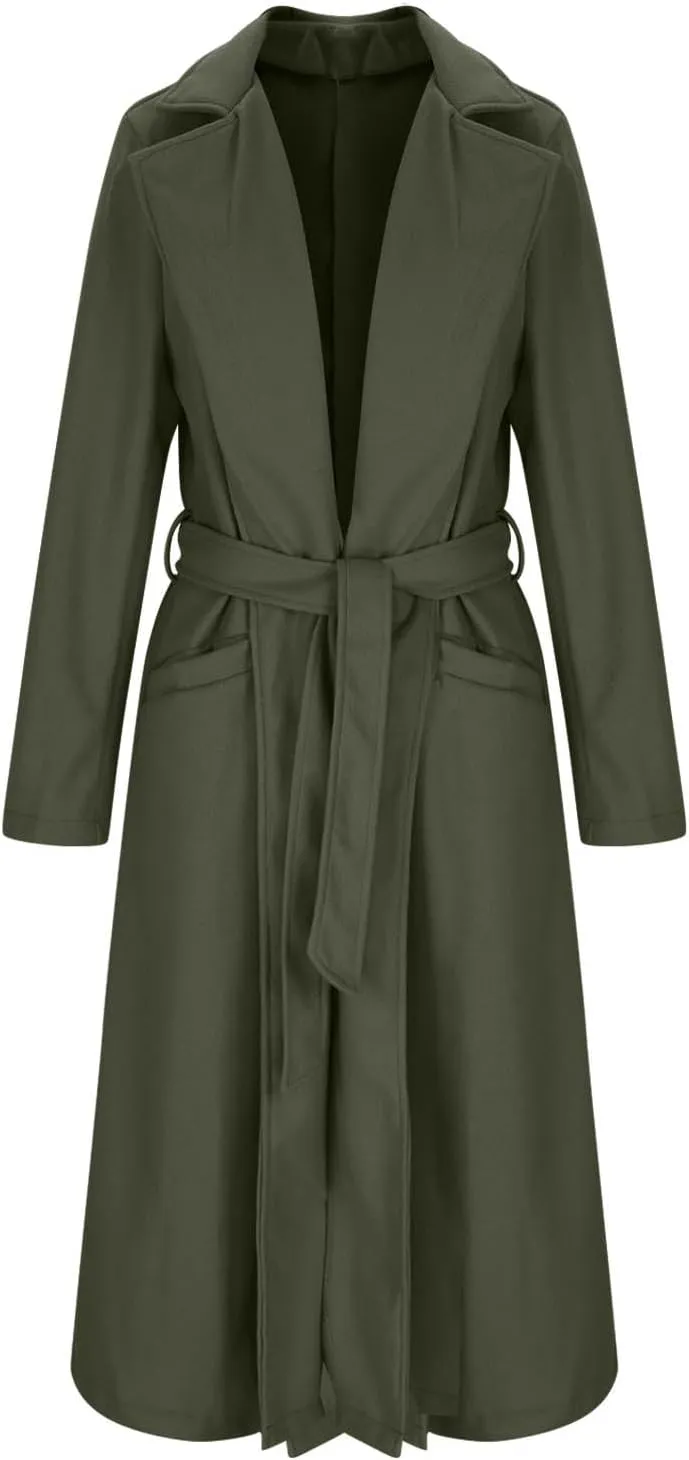Pea Coats for Women Trendy Notch Lapel Open Front Overcoat Plus Size Long Wool Coats 2024 Winter Jackets with Belt