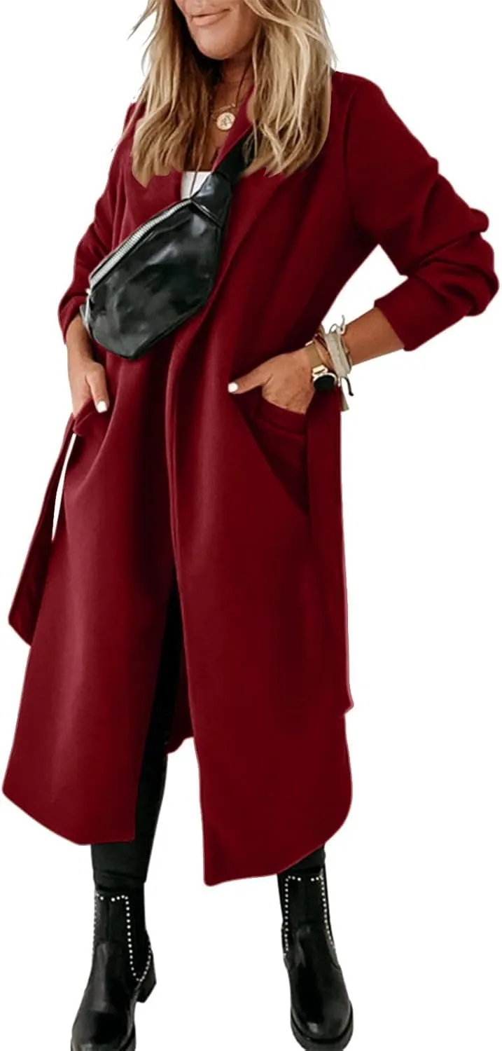 Pea Coats for Women Trendy Notch Lapel Open Front Overcoat Plus Size Long Wool Coats 2024 Winter Jackets with Belt