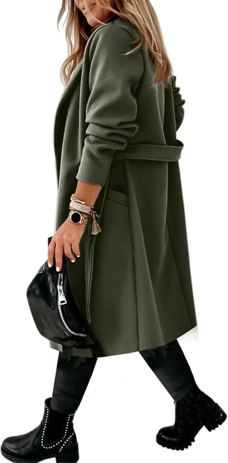 Pea Coats for Women Trendy Notch Lapel Open Front Overcoat Plus Size Long Wool Coats 2024 Winter Jackets with Belt