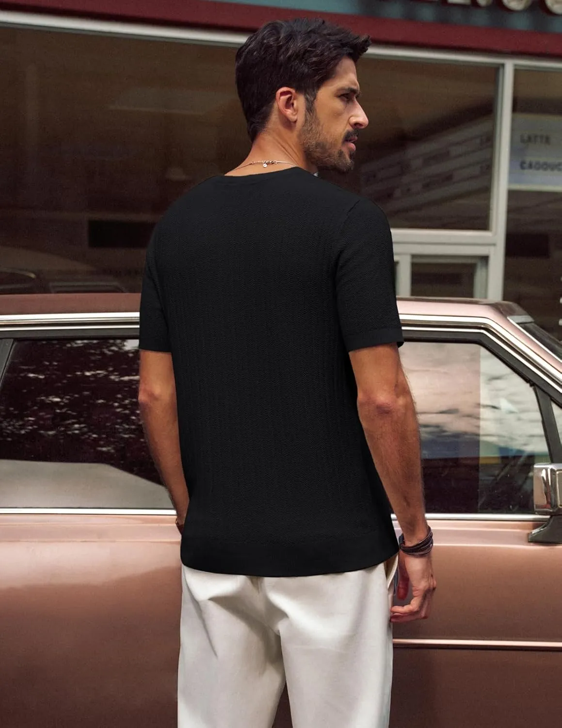 PJ PAUL JONES Men's T-Shirts Modern Fit V Neck Knit Shirts Textured Herringbone Knitwear