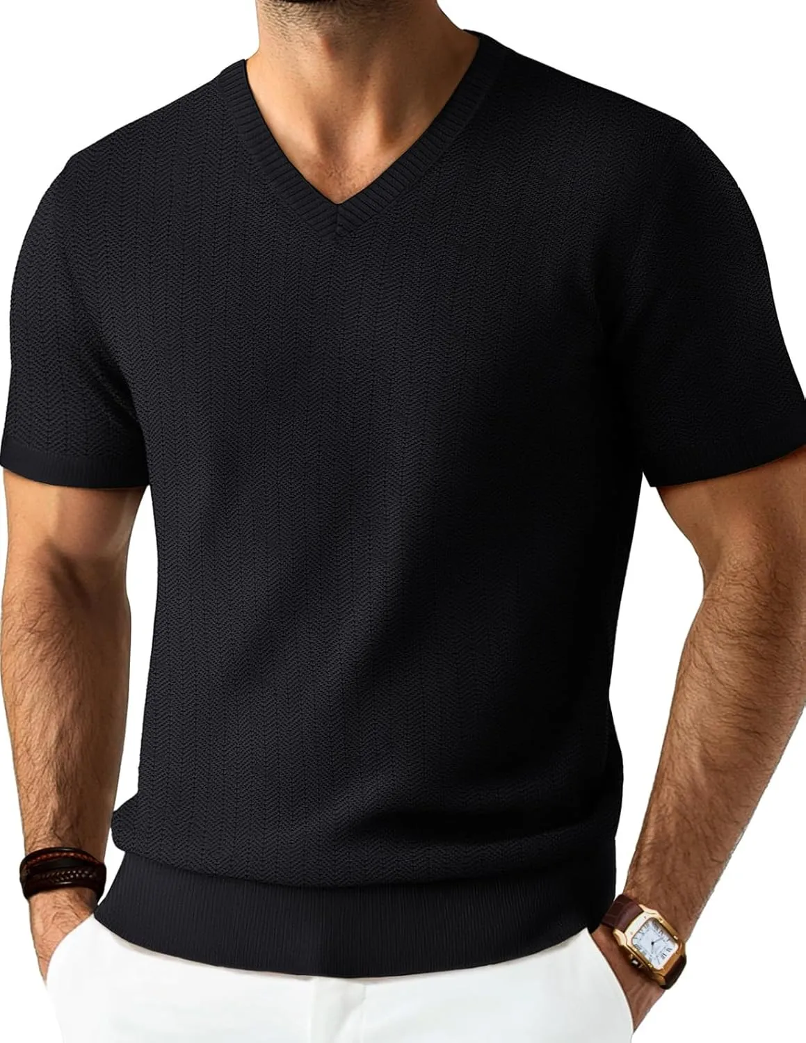 PJ PAUL JONES Men's T-Shirts Modern Fit V Neck Knit Shirts Textured Herringbone Knitwear
