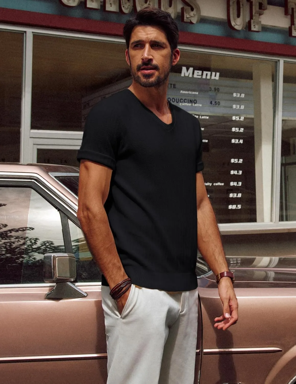 PJ PAUL JONES Men's T-Shirts Modern Fit V Neck Knit Shirts Textured Herringbone Knitwear