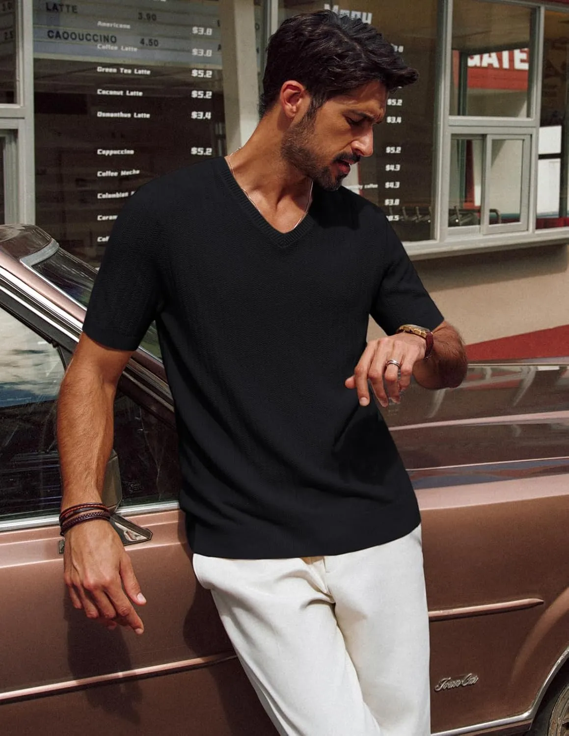 PJ PAUL JONES Men's T-Shirts Modern Fit V Neck Knit Shirts Textured Herringbone Knitwear