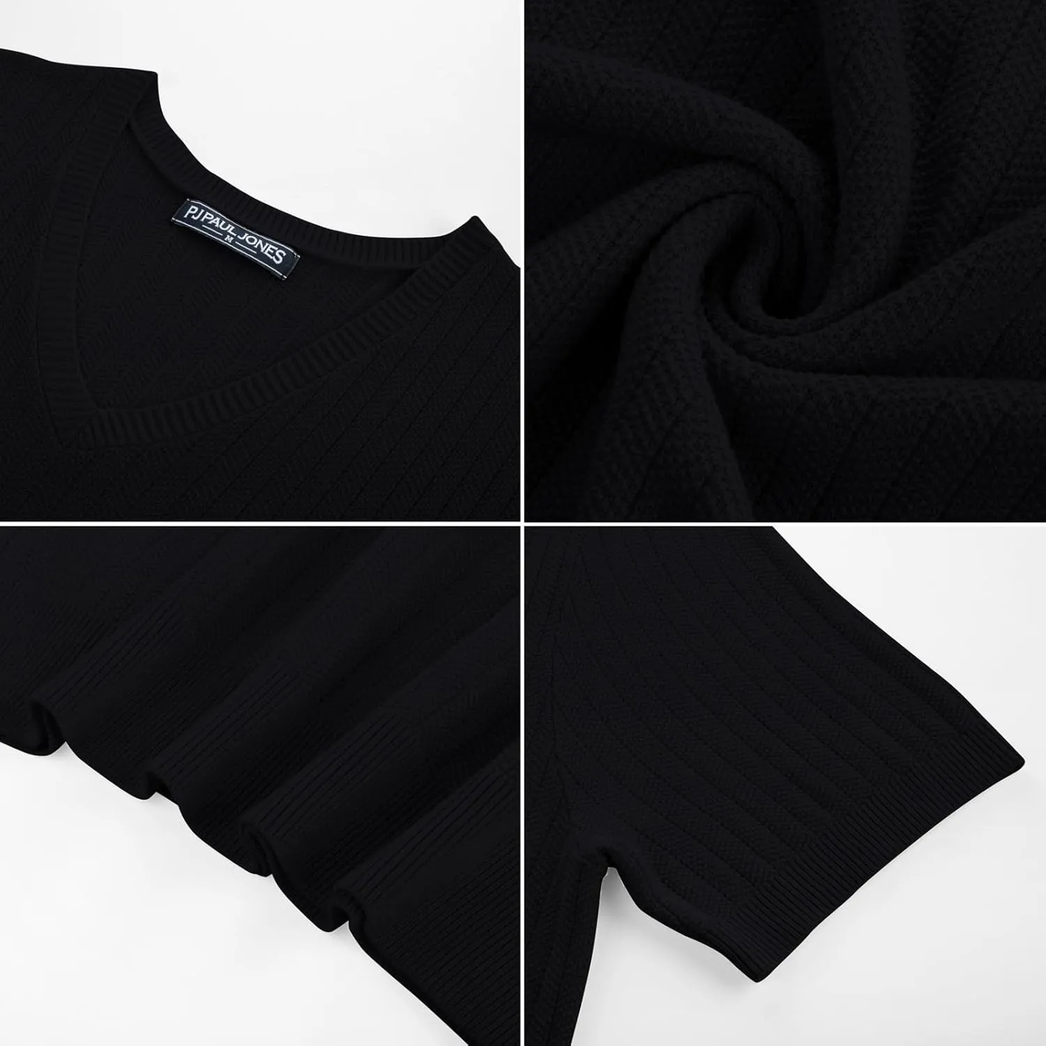 PJ PAUL JONES Men's T-Shirts Modern Fit V Neck Knit Shirts Textured Herringbone Knitwear
