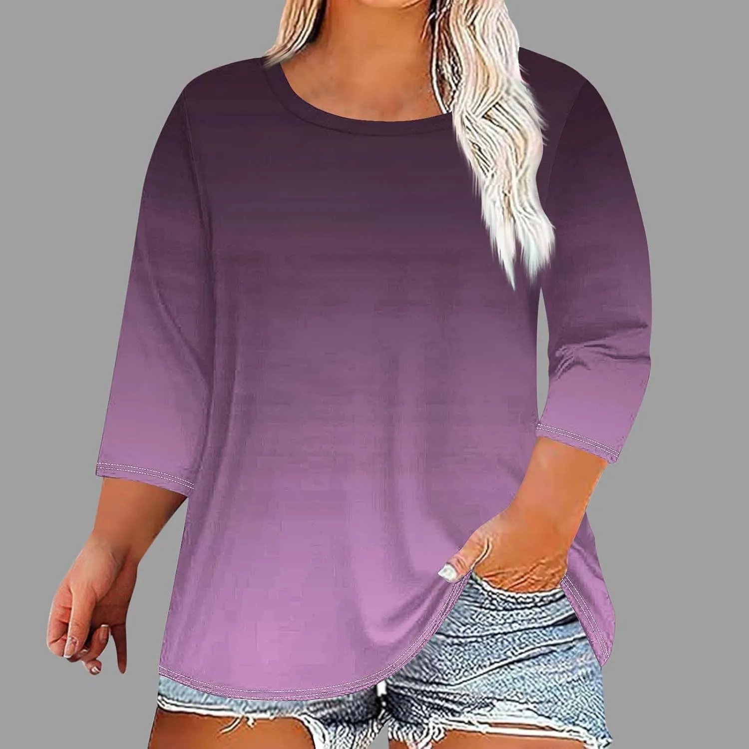 Plus Size Tops for Women Casual 3/4 Sleeve Gradient Color T-Shirts Trendy Loose Fit Crew Neck Oversized Tshirts