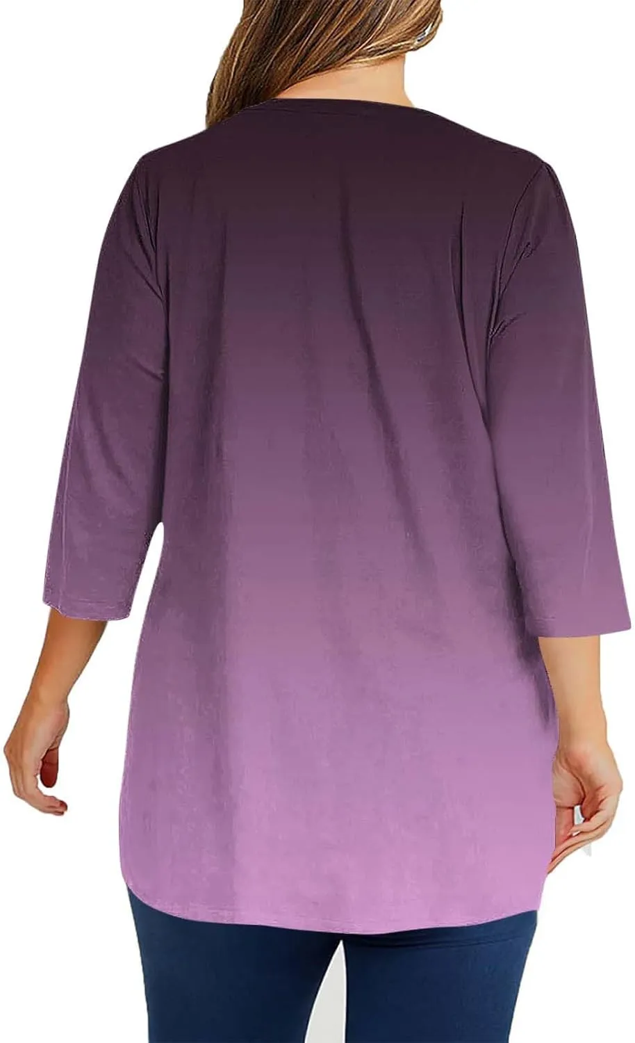 Plus Size Tops for Women Casual 3/4 Sleeve Gradient Color T-Shirts Trendy Loose Fit Crew Neck Oversized Tshirts
