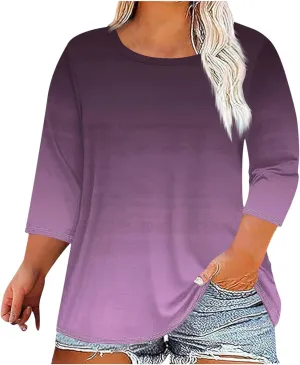Plus Size Tops for Women Casual 3/4 Sleeve Gradient Color T-Shirts Trendy Loose Fit Crew Neck Oversized Tshirts