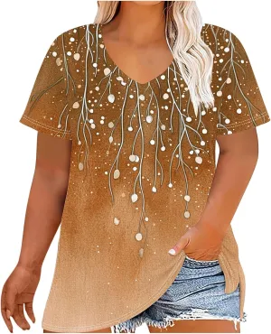 Plus Size Tops for Women Xl-4Xl Short Sleeve T Shirts Casual Tunics Loose Fit Summer Novetly Floral Shirts Cute Tees
