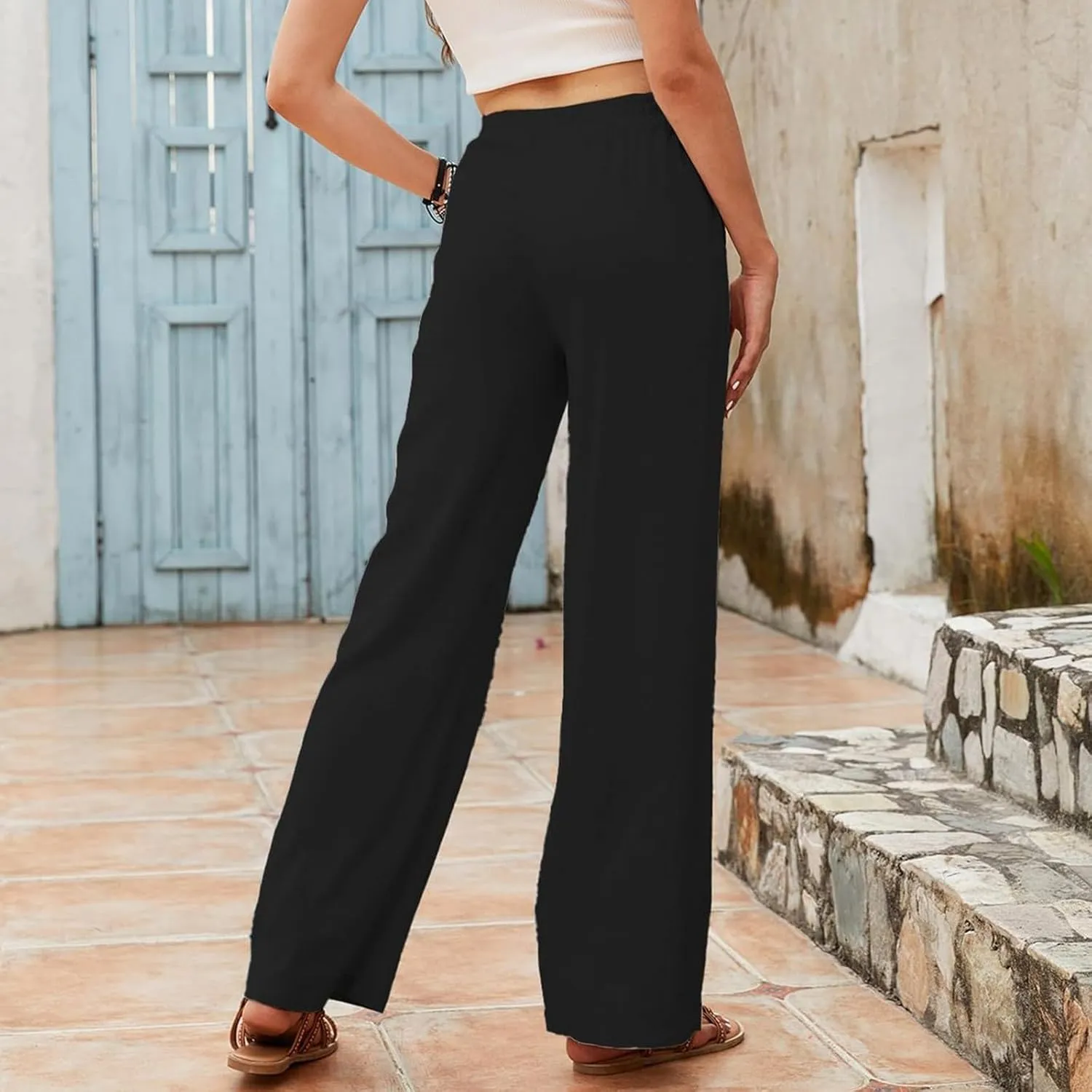 PTOLOCIF Linen Pants Women Summer,Drawstring Elastic Waist Pants Cotton Linen Tapered Pants Casual Travel Pants Trousers