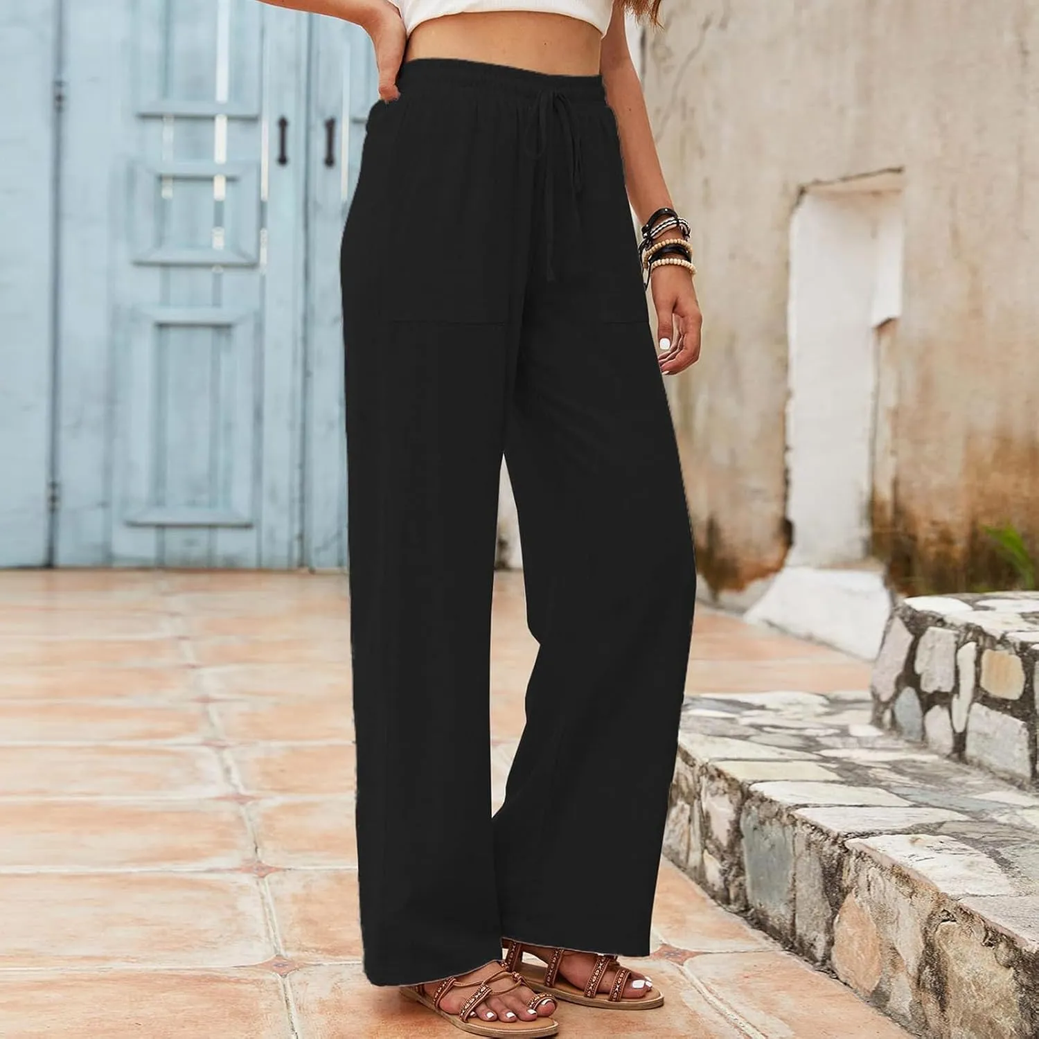 PTOLOCIF Linen Pants Women Summer,Drawstring Elastic Waist Pants Cotton Linen Tapered Pants Casual Travel Pants Trousers