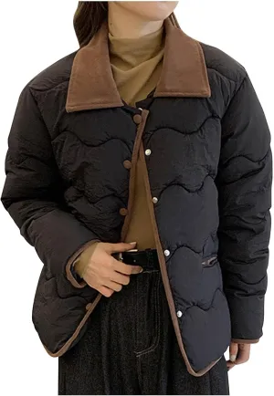 Quilted Jackets For Women 2024 Casual Trendy Lapel Button Down Long Sleeve Down Jacket Fall Winter Comfy Warm Tops