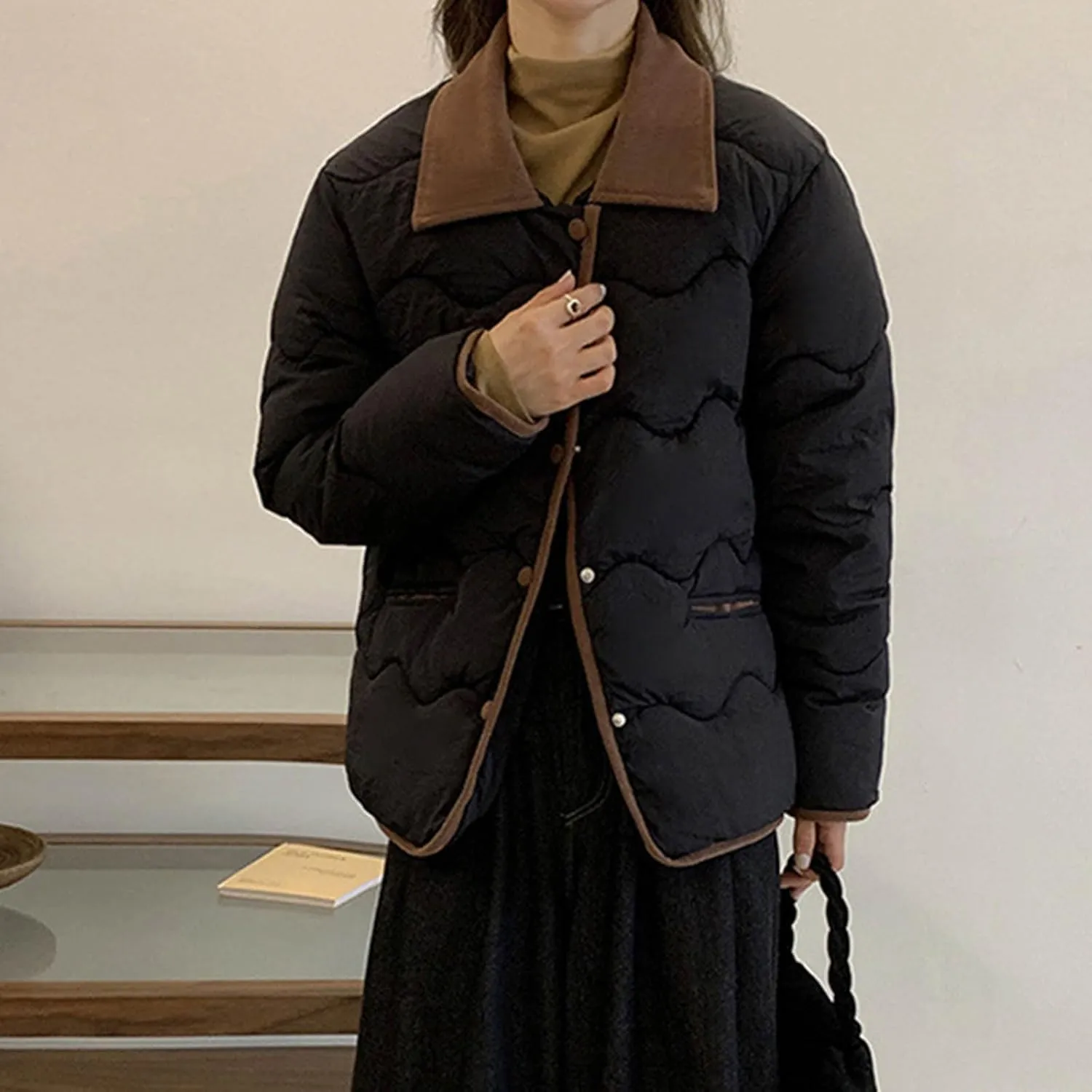 Quilted Jackets For Women 2024 Casual Trendy Lapel Button Down Long Sleeve Down Jacket Fall Winter Comfy Warm Tops